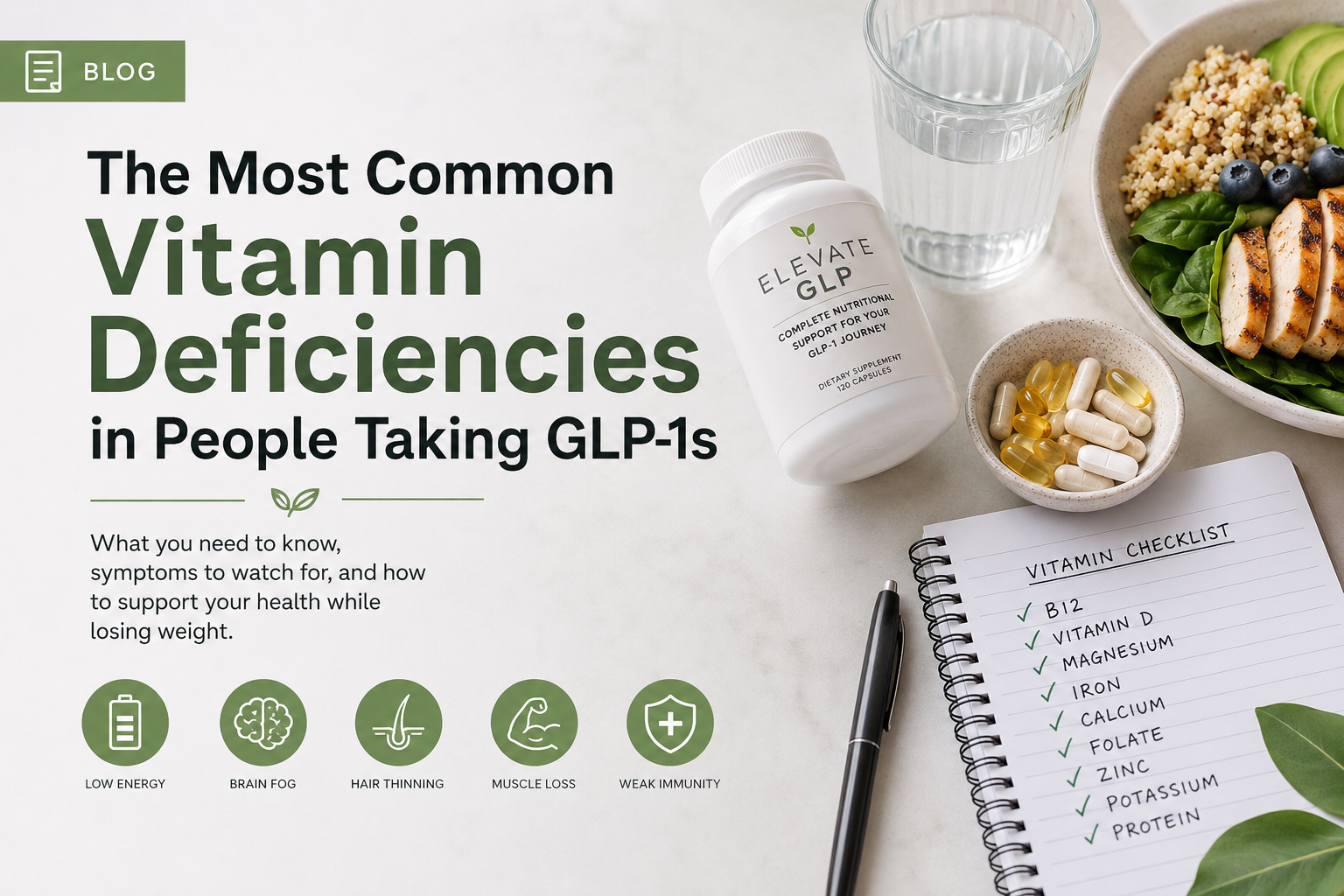 Nutrient-rich foods including salmon, spinach, eggs, nuts, and berries arranged on a light marble surface, illustrating vitamin sources for GLP-1 users