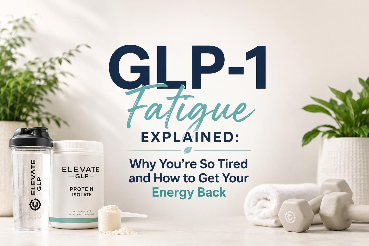 Elevate GLP Protein Isolate tub, shaker bottle, dumbbells, and plants in soft natural light — supporting energy on GLP-1 medications