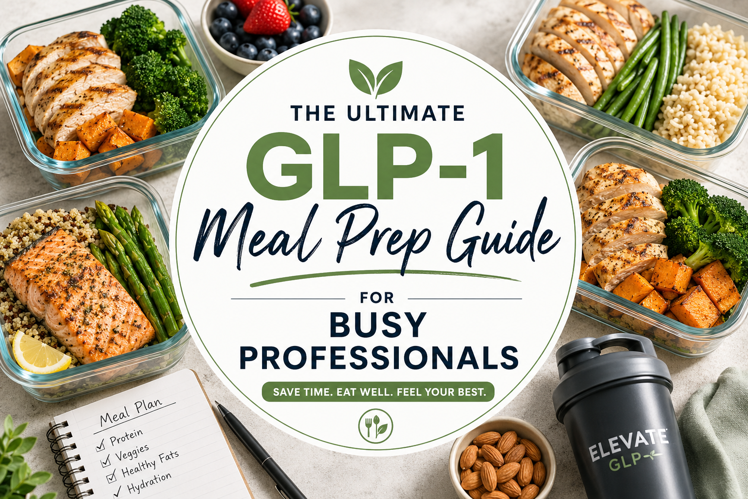 Editorial GLP-1 meal prep guide cover with glass containers of grilled chicken, salmon, broccoli, sweet potato, quinoa, an Elevate GLP shaker, almonds, berries, and a meal plan notebook