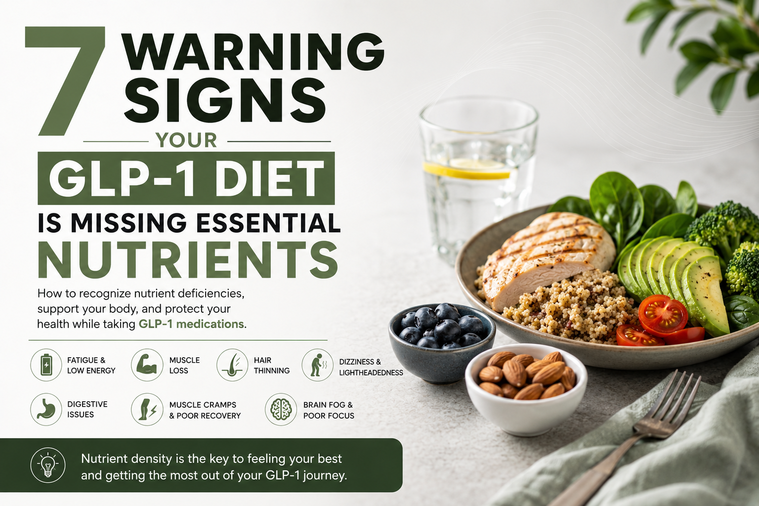 Editorial graphic listing 7 warning signs your GLP-1 diet is missing essential nutrients with a nutrient-dense bowl of chicken, quinoa, avocado, broccoli, blueberries, and almonds