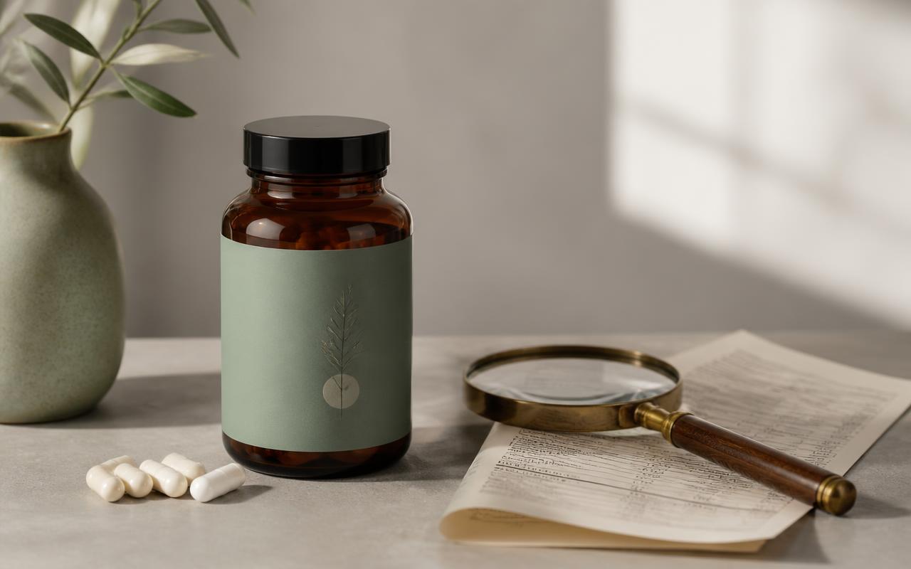Amber supplement bottle with a sage-green label beside white capsules and a magnifying glass resting on a printed supplement facts panel