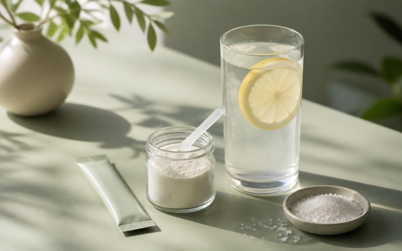 Glass of lemon water beside a jar of electrolyte powder, a stick pack, and a dish of sea salt on a sage green surface