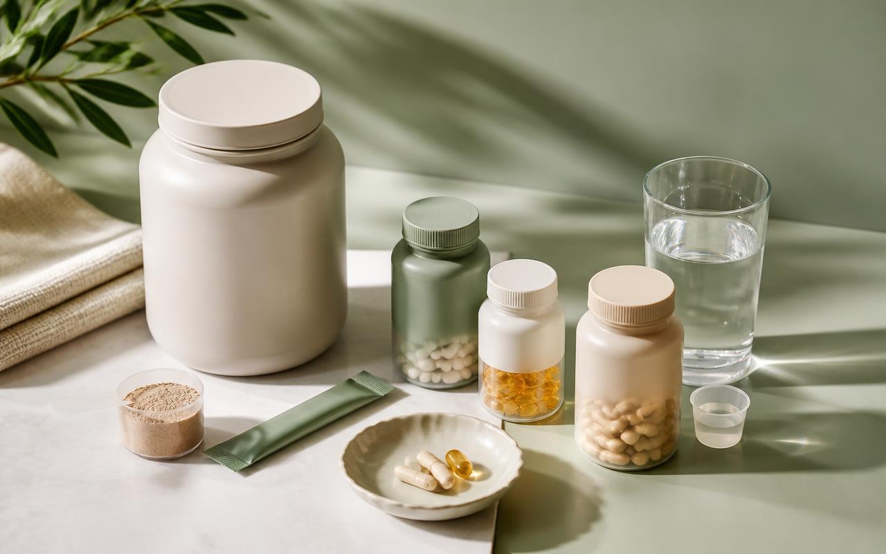 Daily GLP-1 supplement stack laid out on a sage surface — protein powder, electrolyte stick pack, magnesium capsules, fiber scoop, omega-3 softgels, and a multivitamin bottle with a glass of water