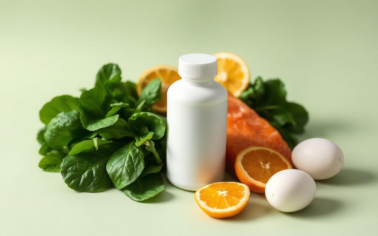 White multivitamin bottle surrounded by spinach, salmon, eggs, and citrus on a sage green background