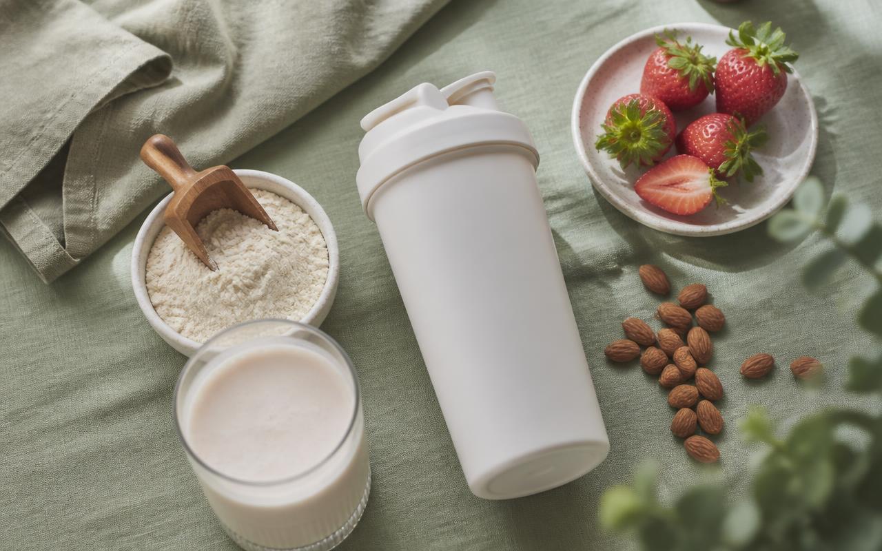 Protein powder flat-lay on sage linen — unlabeled white shaker bottle, ceramic dish of pale protein powder with a wooden scoop, a glass of blended protein shake, strawberries and almonds