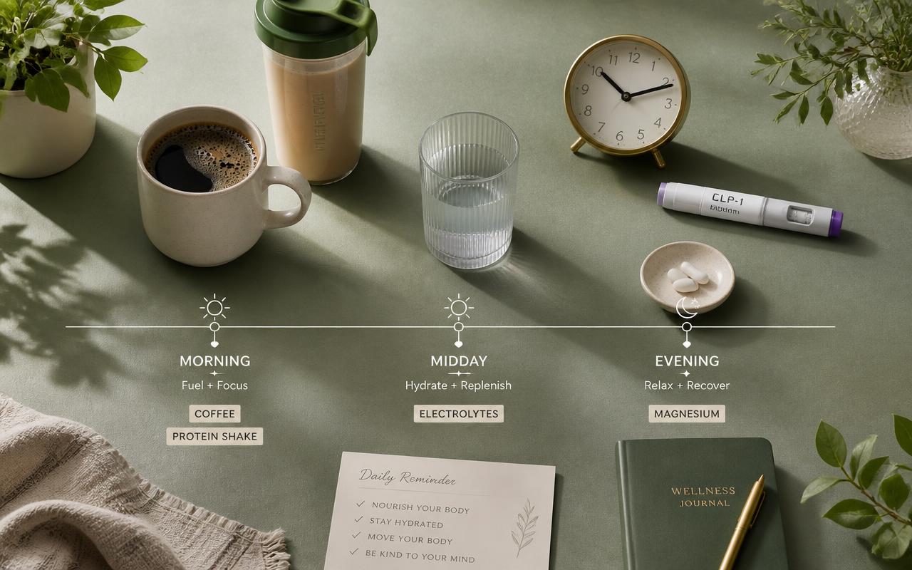 Daily GLP-1 supplement timeline flat-lay on a sage green surface: morning protein shake and coffee, midday electrolyte water, evening magnesium capsules, with a clock and GLP-1 pen.