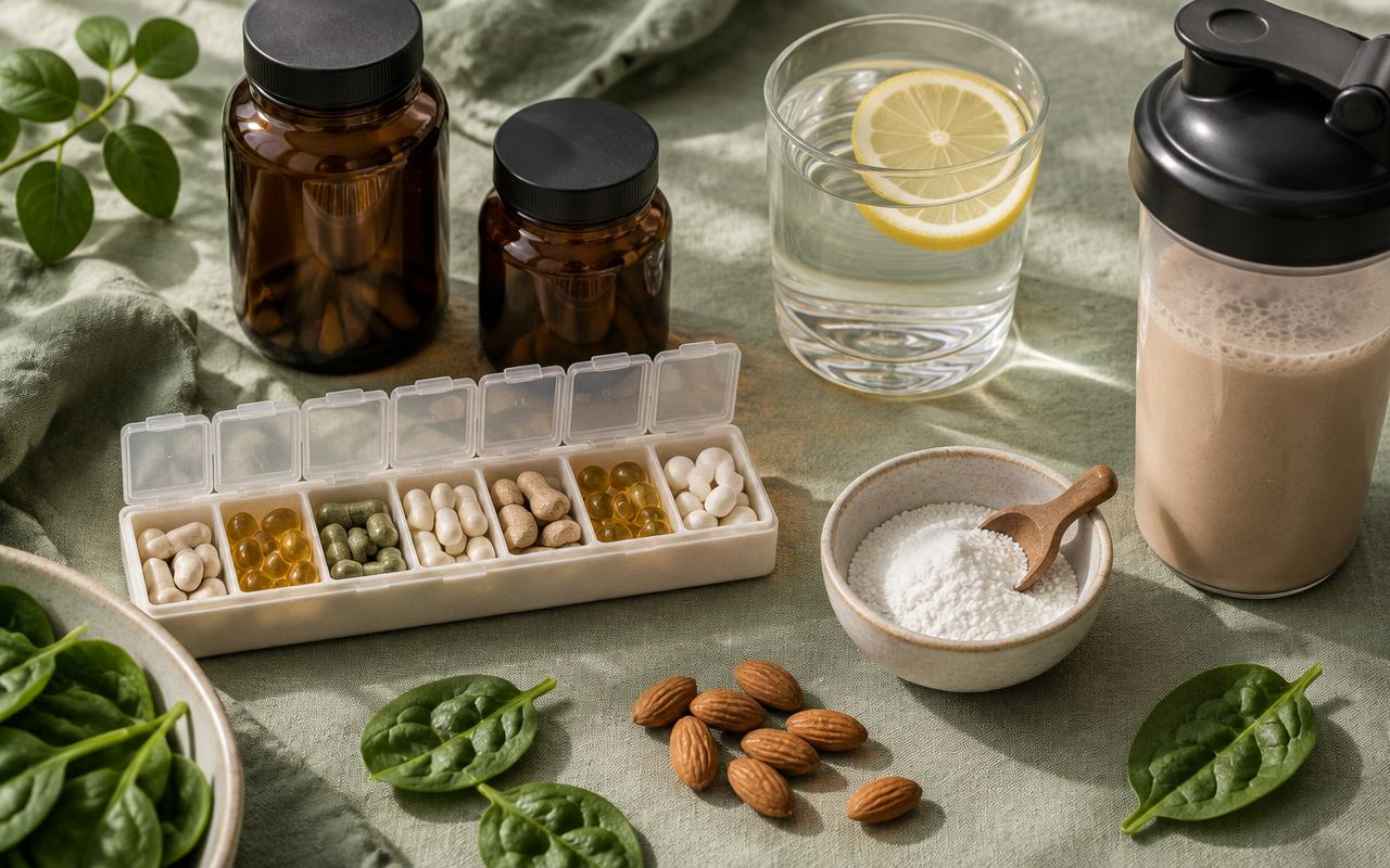 GLP-1 vitamin routine flat-lay on sage linen — a weekly pill organizer of capsules, two unlabeled amber jars, loose electrolyte powder in a ceramic dish, a protein shake, lemon water, spinach, and almonds