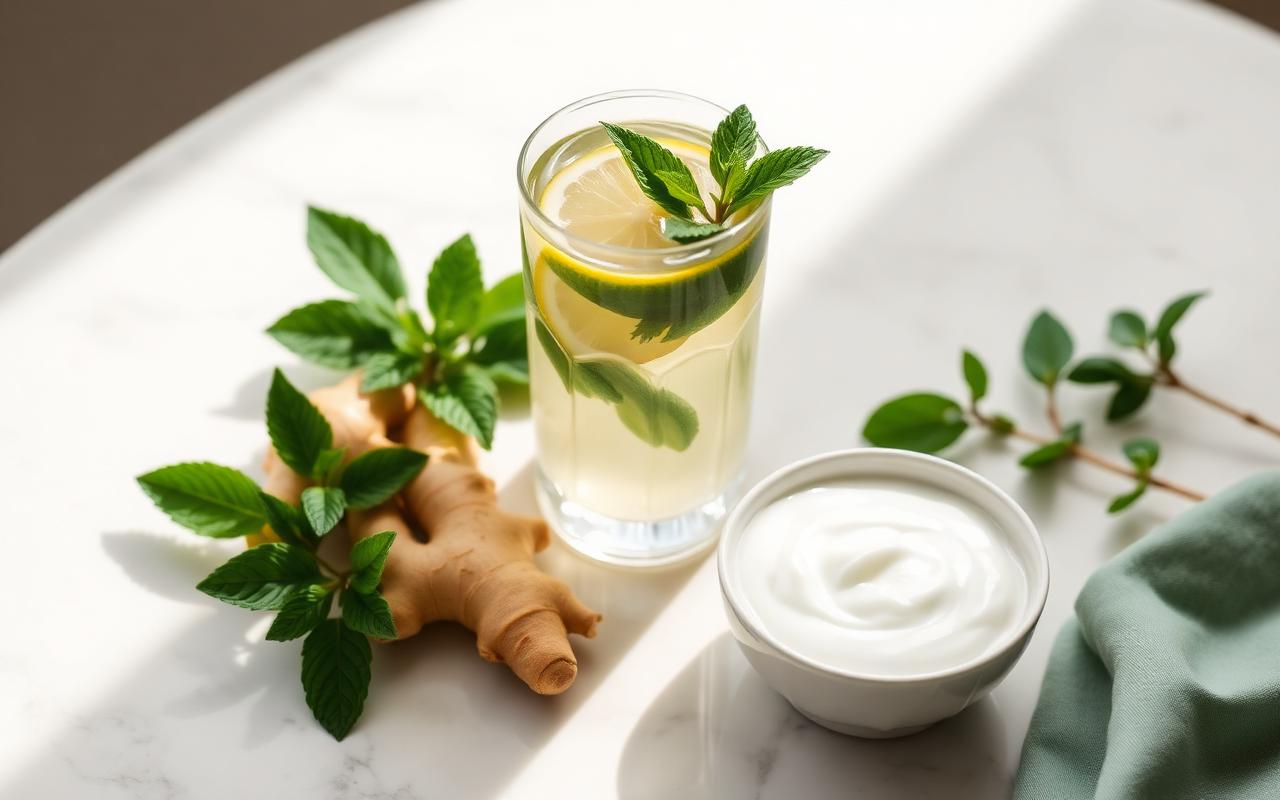 Glass of lemon water with mint, fresh ginger, and yogurt on marble — a gut-friendly routine for GLP-1 bloating
