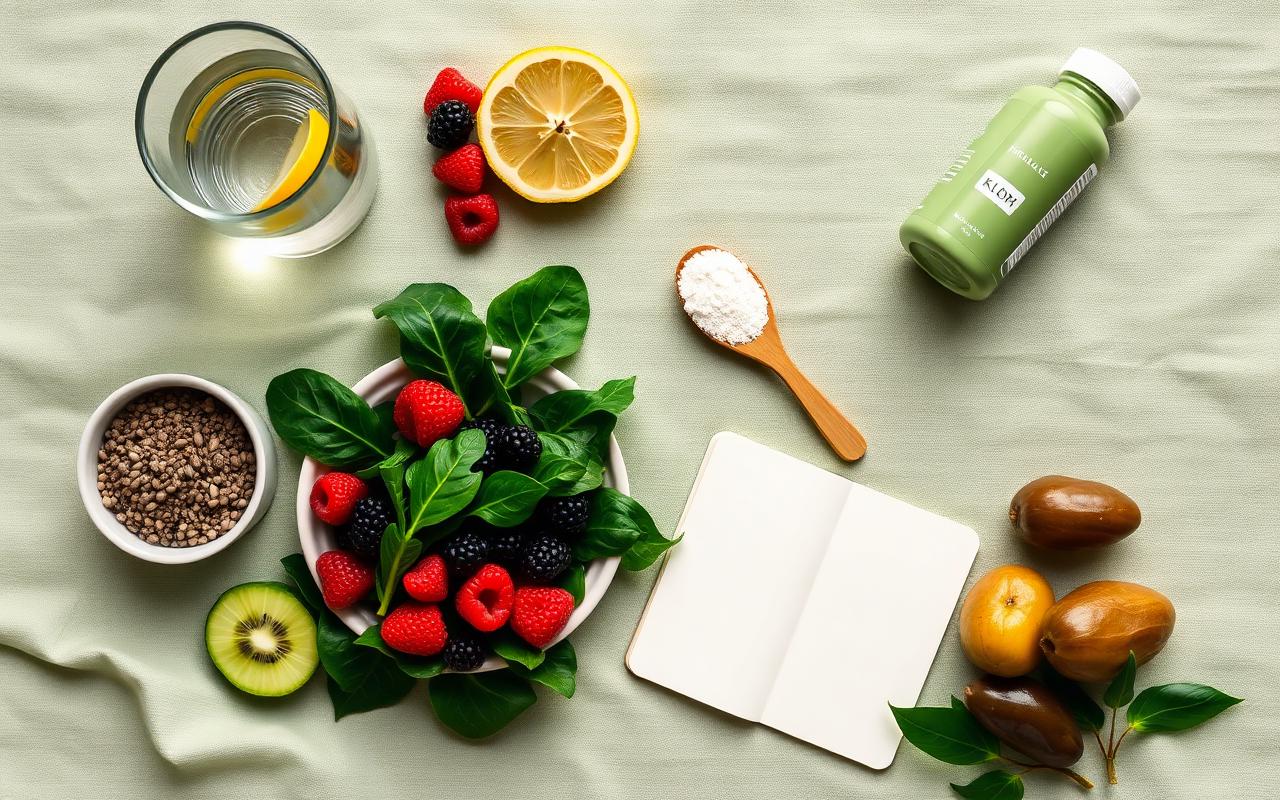 Overhead flat lay on sage-green linen with water and lemon, chia seeds, berries, leafy greens, magnesium powder on a wooden spoon, kiwi, prunes, and a sage-green Elevate GLP supplement bottle