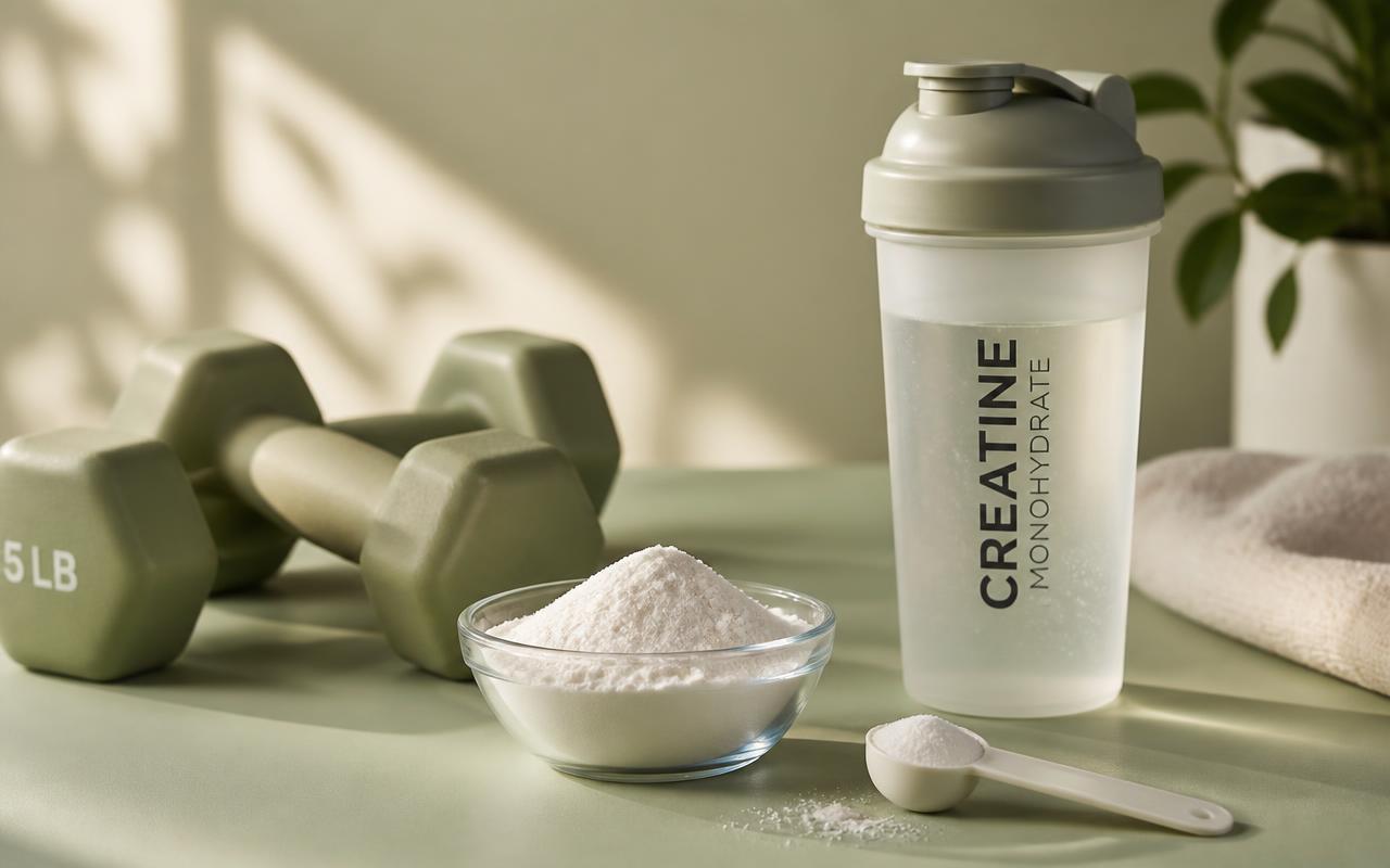 Scoop of creatine monohydrate powder in a glass bowl beside a water shaker bottle and light dumbbells on a sage green surface