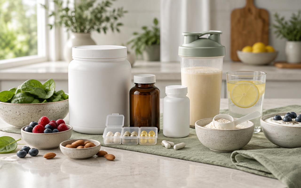 Professional Elevate GLP supplement routine with unbranded protein, electrolyte drink, capsules, yogurt, berries, spinach, and almonds on a sage linen kitchen counter