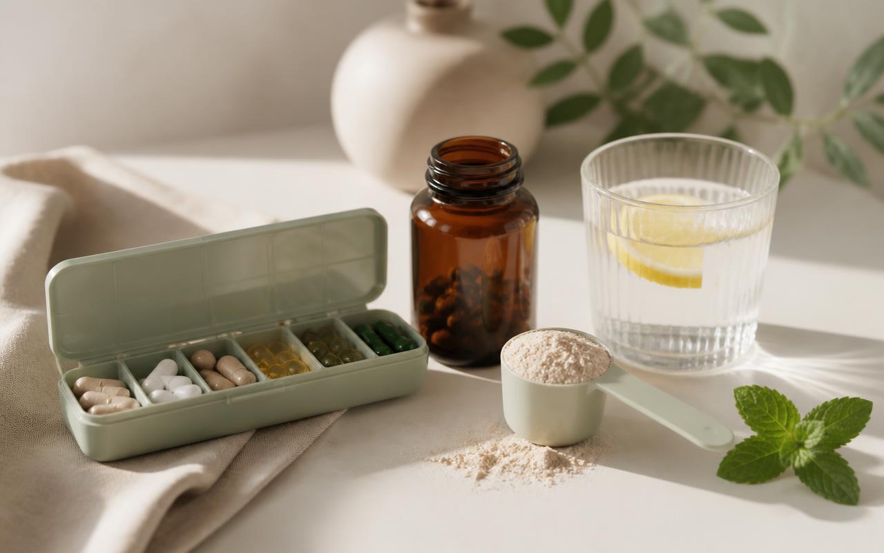 Weekly pill organizer with capsules beside an amber supplement bottle, a scoop of protein powder, and a glass of lemon water
