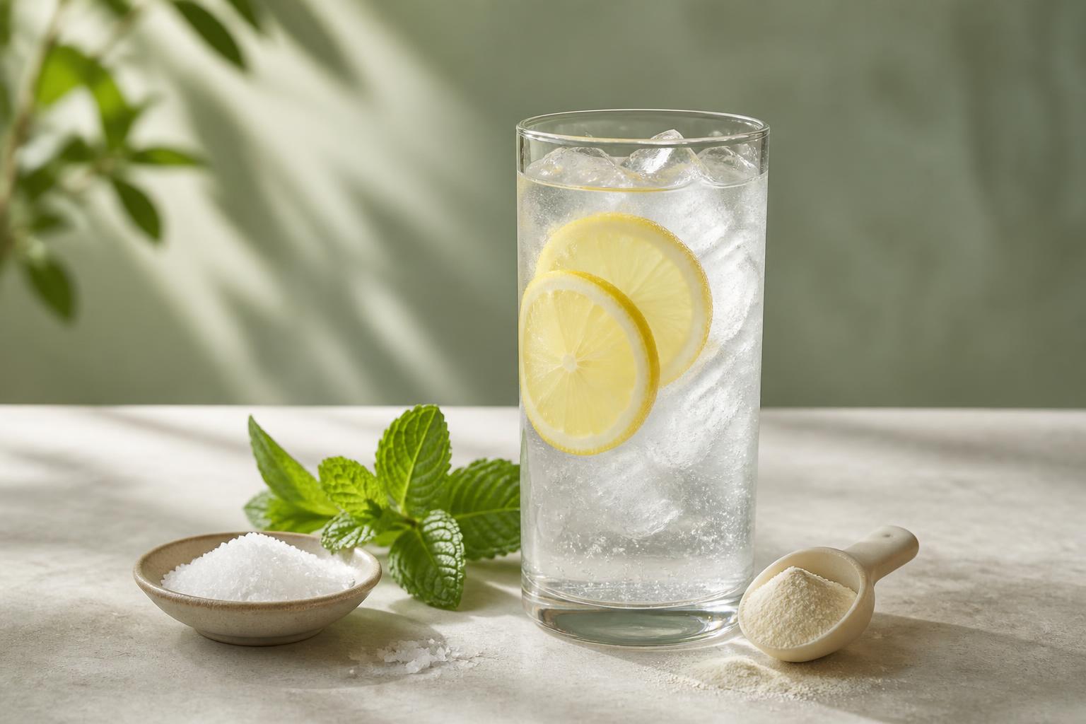 Tall glass of ice water with lemon beside a dish of sea salt, fresh mint, and a scoop of electrolyte hydration powder