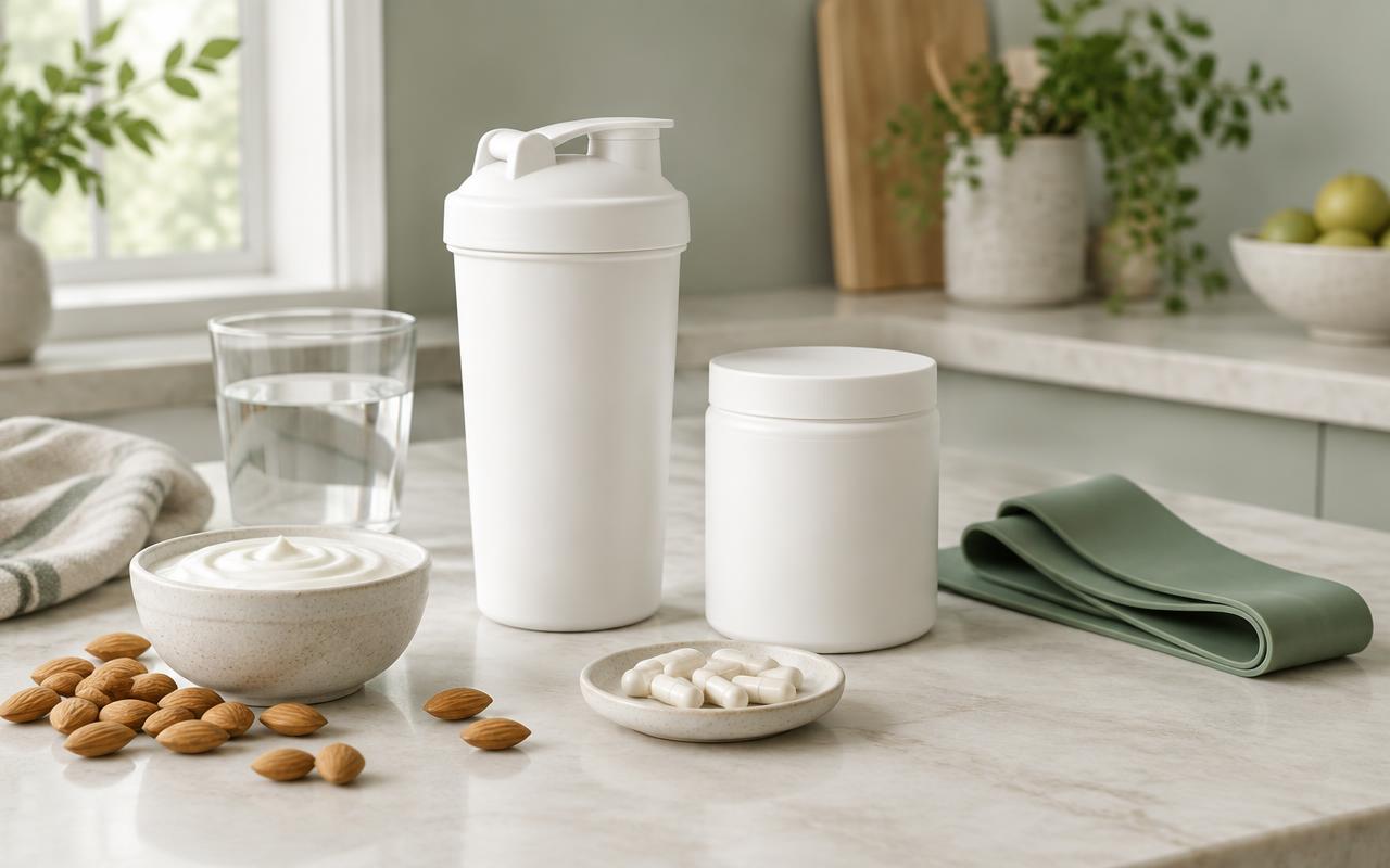 A protein shaker, unbranded supplement jar, white capsules, Greek yogurt, almonds and a folded resistance band on a bright marble counter