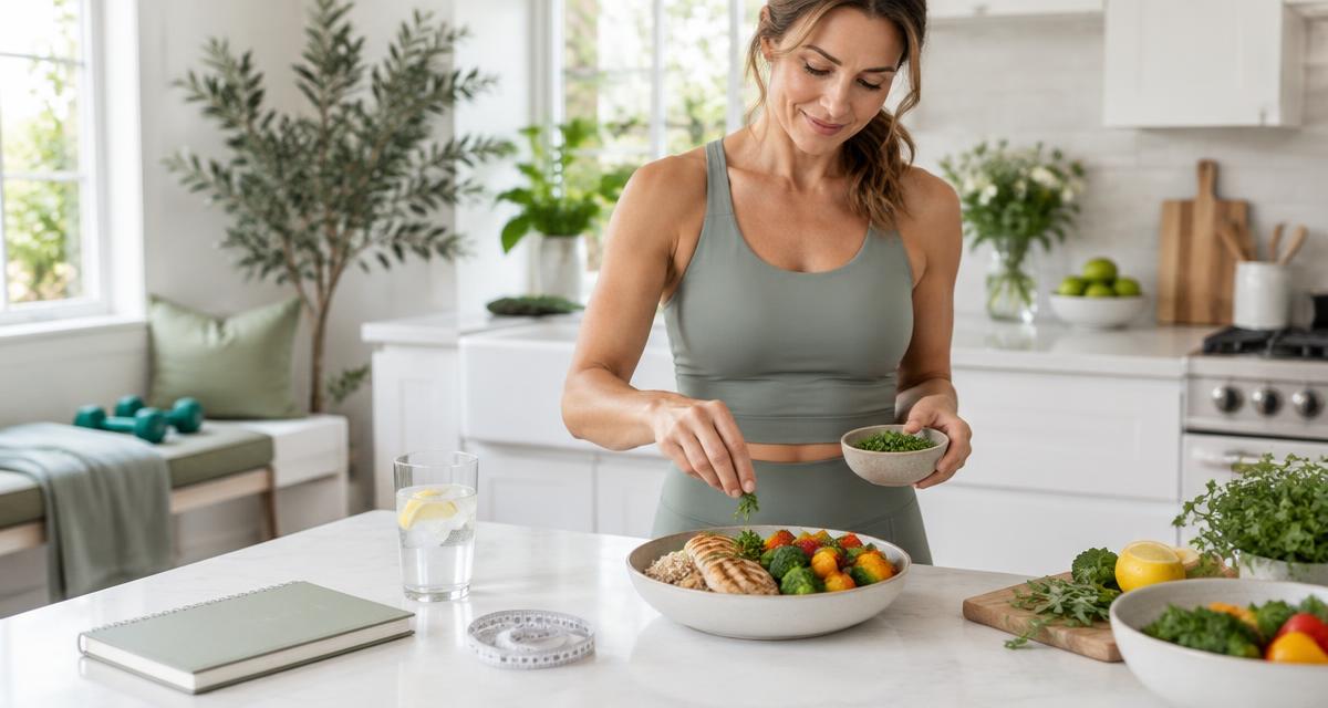 Woman preparing a balanced chicken, rice and vegetable meal beside water, a notebook and measuring tape during a GLP-1 weight-management routine