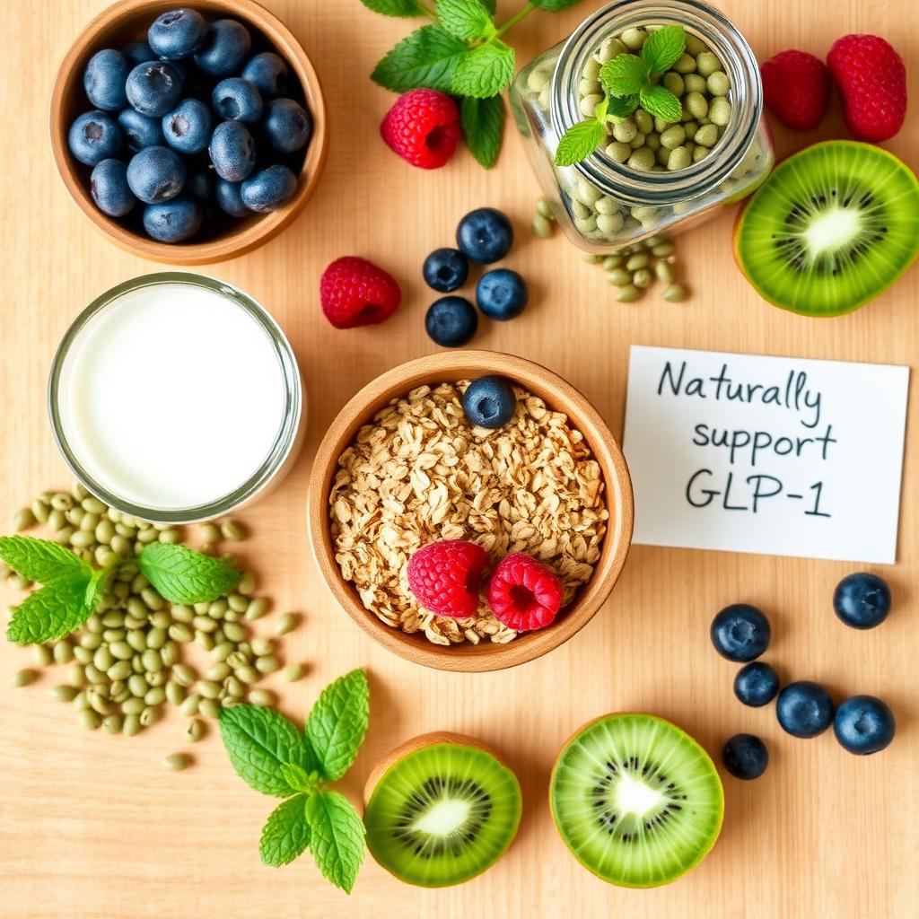 Warm wellness flat lay with oats, kefir, blueberries, raspberries, green lentils, sliced kiwi, and a note card reading 'Naturally support GLP-1' — foods that boost natural GLP-1 production