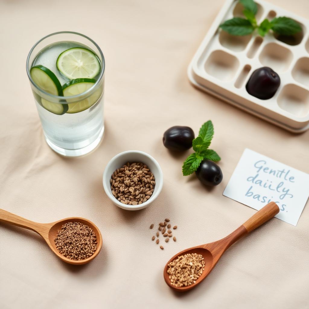 Wellness flat lay with cucumber-lemon water, chia seeds, prunes, ground flaxseed in a wooden spoon, fresh mint, and a 'Gentle daily basics' card — a visual guide to relieving Mounjaro constipation