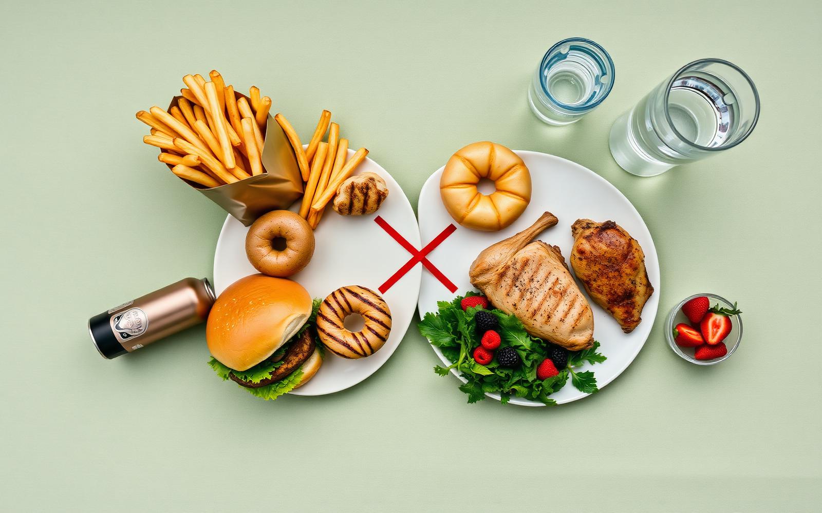 Split flat-lay on sage linen showing fried foods, soda, donuts and alcohol on one side crossed out in red, and grilled chicken, greens, berries and water on the other — Mounjaro foods to avoid vs foods that help.