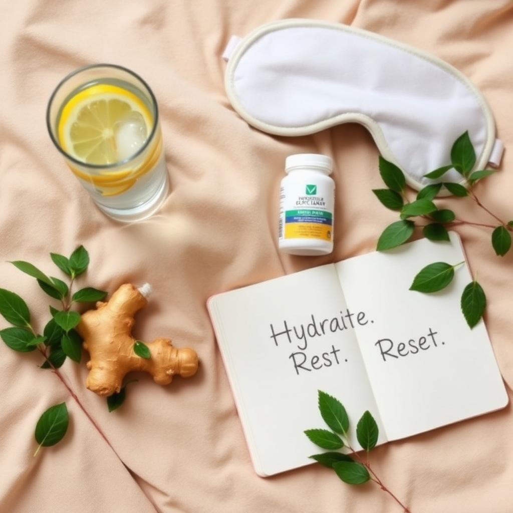 Calming flat lay with a glass of ice water and lemon, fresh ginger, leafy greens, a magnesium supplement bottle, a soft eye mask, and a notebook reading 'Hydrate. Rest. Reset.' — a visual guide to easing Mounjaro headaches naturally