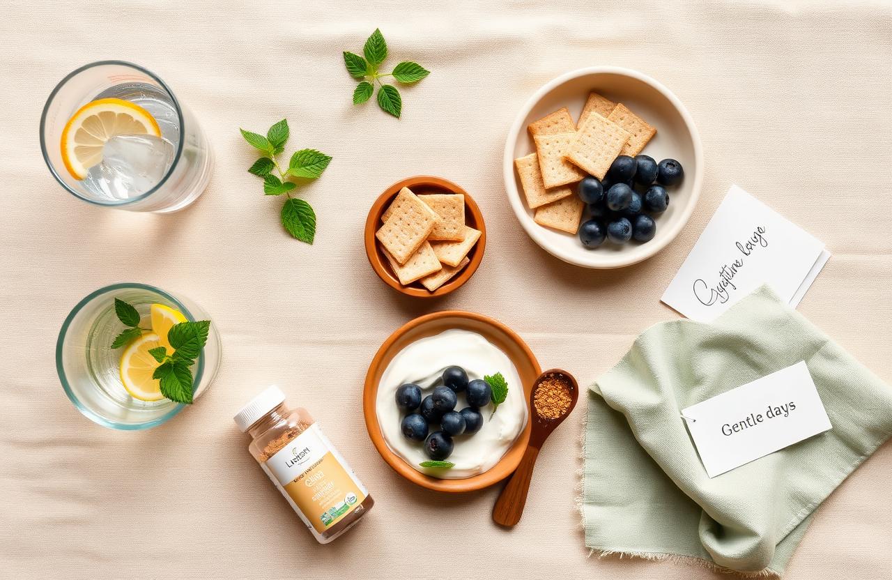 Soft beige flat lay with ice water and lemon, fresh ginger and mint, plain crackers, Greek yogurt with blueberries, ground flaxseed, a small bottle of magnesium glycinate, and a 'Gentle days' note card — a visual guide to easing Mounjaro side effects