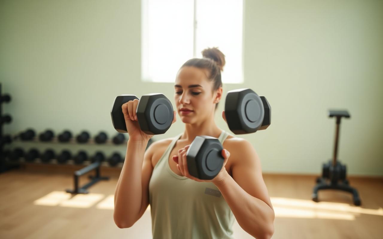Woman strength training with dumbbells in a bright minimal gym, illustrating muscle protection on GLP-1 medications
