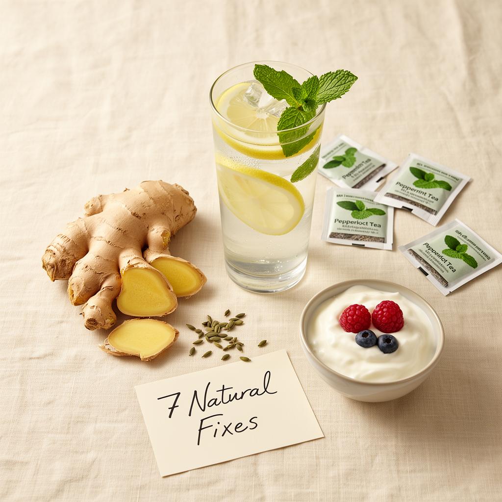 Flat lay on cream linen with a sage-green Elevate GLP supplement bottle, lemon water, fresh ginger, peppermint leaves, and digestive enzyme capsules — natural remedies for Ozempic burps
