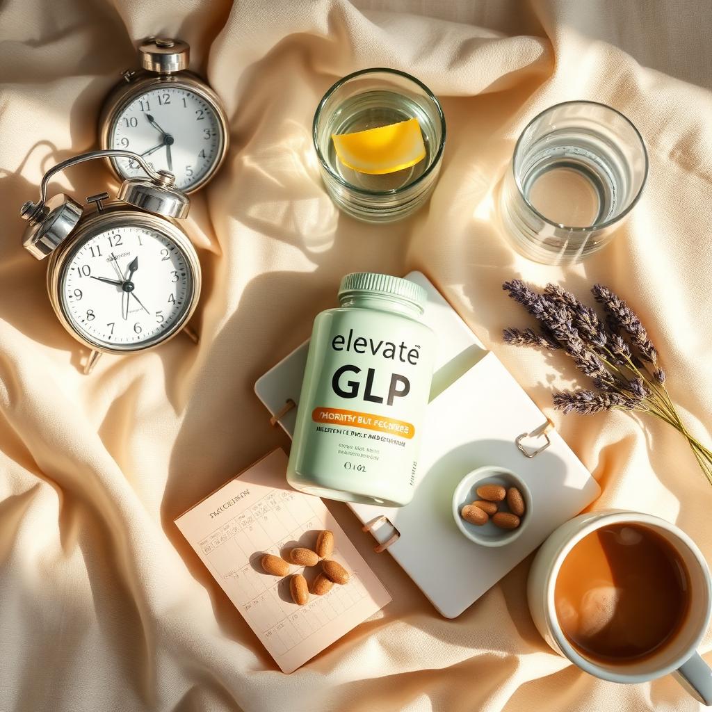 Warm cream linen flat lay with a sage-green Elevate GLP supplement bottle, alarm clock, glass of water with lemon, weekly notebook, lavender, B-vitamin capsules and a coffee cup