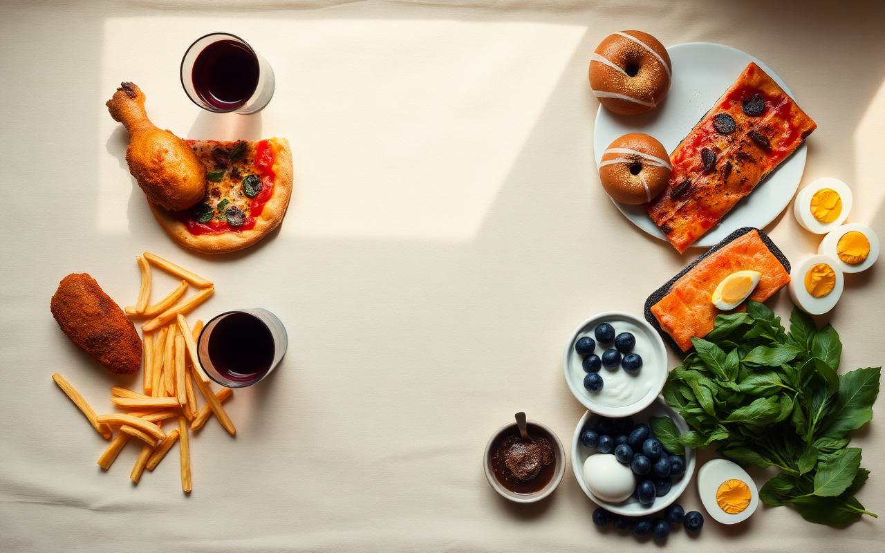 Flat-lay of foods to avoid on Ozempic (fried chicken, pizza, fries, red wine, donuts) on the left and GLP-1-friendly foods (salmon, avocado, greens, Greek yogurt, blueberries, eggs) on the right