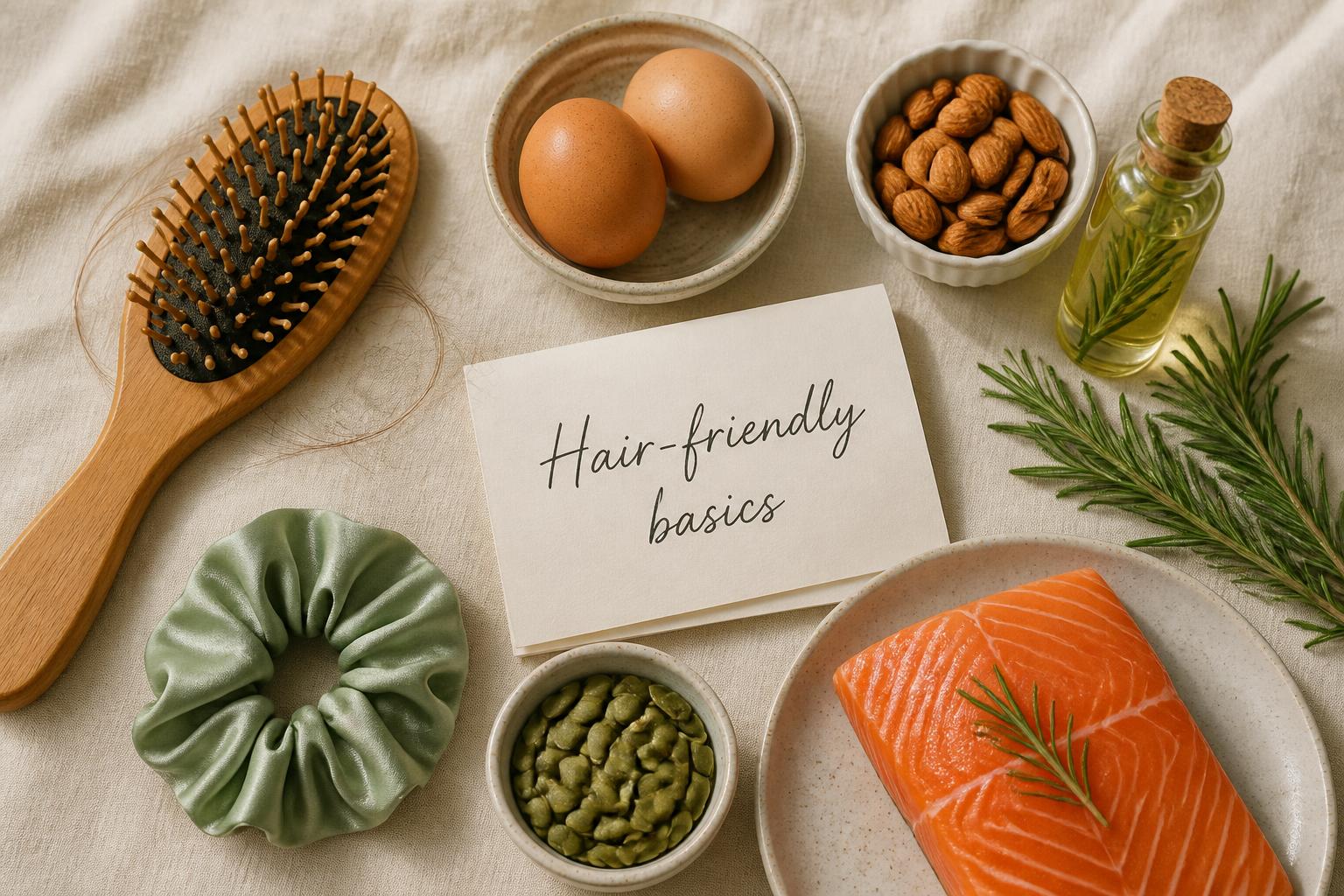 Wellness flat lay with a wooden hairbrush holding a few loose hair strands, eggs, almonds, pumpkin seeds, salmon, rosemary, and a handwritten 'Hair-friendly basics' note card — visual guide to preventing Ozempic-related hair shedding