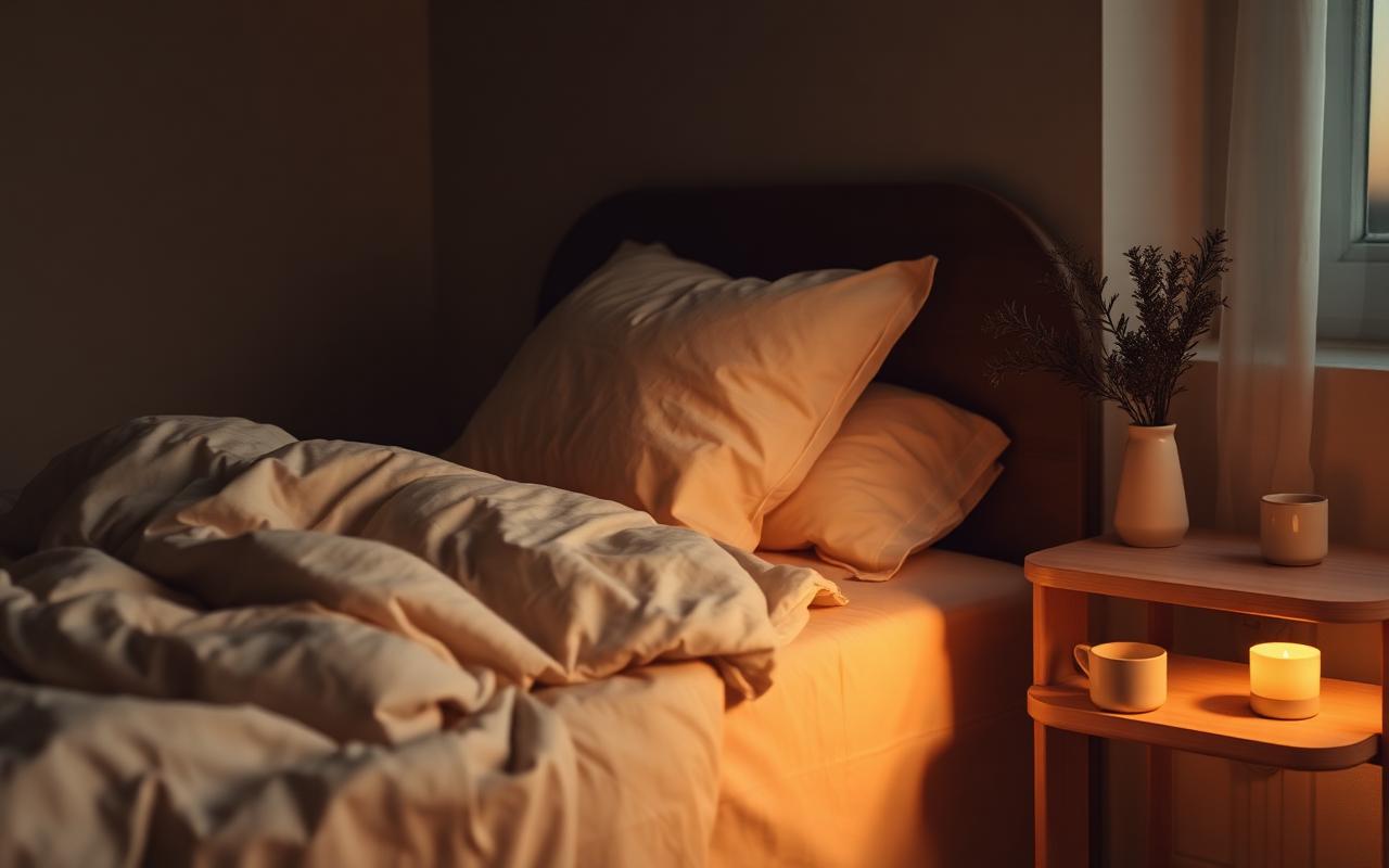 Calm cozy bedroom at dusk with linen bedding and warm lamp light, illustrating restful sleep on GLP-1 medications