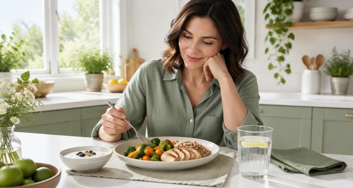 Woman seated in a bright kitchen with a balanced chicken, grain and vegetable meal, yogurt and water