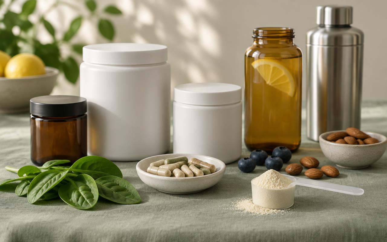 Unbranded supplement jars, an electrolyte drink with lemon, a protein scoop, capsules, spinach, blueberries and almonds on a sage linen surface