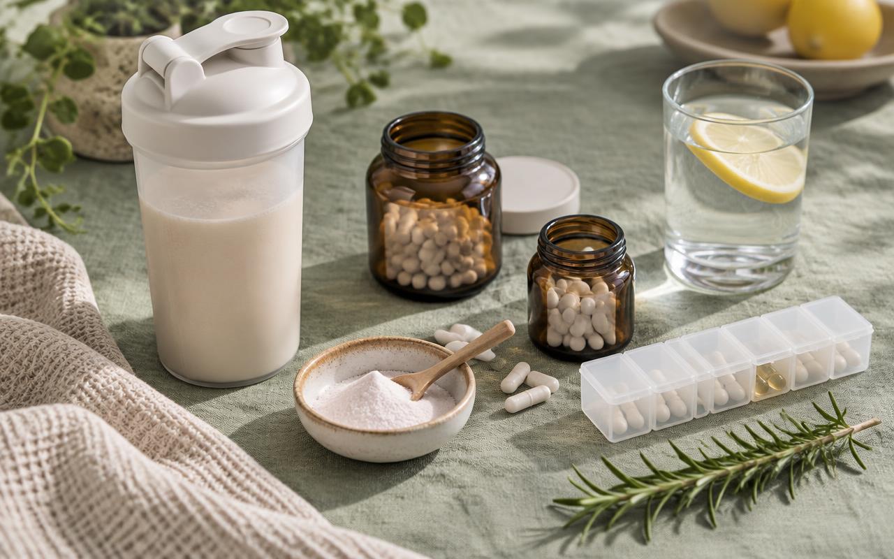 Mounjaro supplement routine flat-lay on sage linen — an unlabeled protein shaker, two amber capsule jars, loose electrolyte powder in a ceramic dish, a weekly pill organizer, and a glass of lemon water