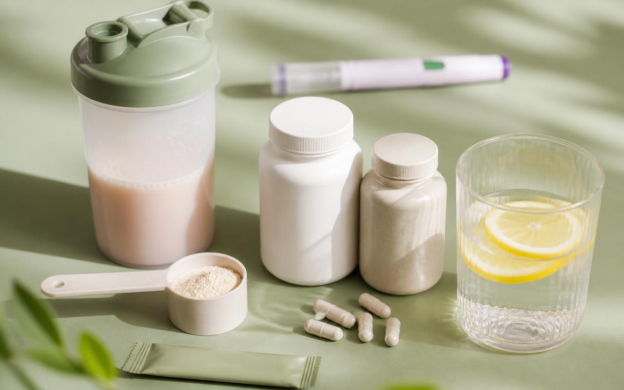 Zepbound supplement routine flat-lay on a sage surface — protein shaker, electrolyte stick pack, magnesium and multivitamin bottles, fiber scoop, and a glass of lemon water beside a tirzepatide pen