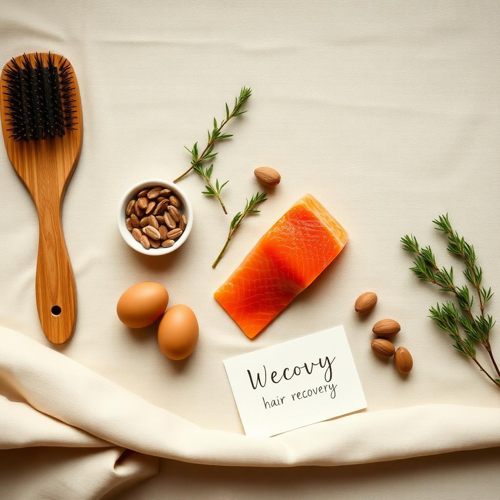 Calm wellness flat lay with a wooden hairbrush, salmon, brown eggs, pumpkin seeds, brazil nuts, and rosemary — a visual guide to nutrition that supports hair recovery on Wegovy