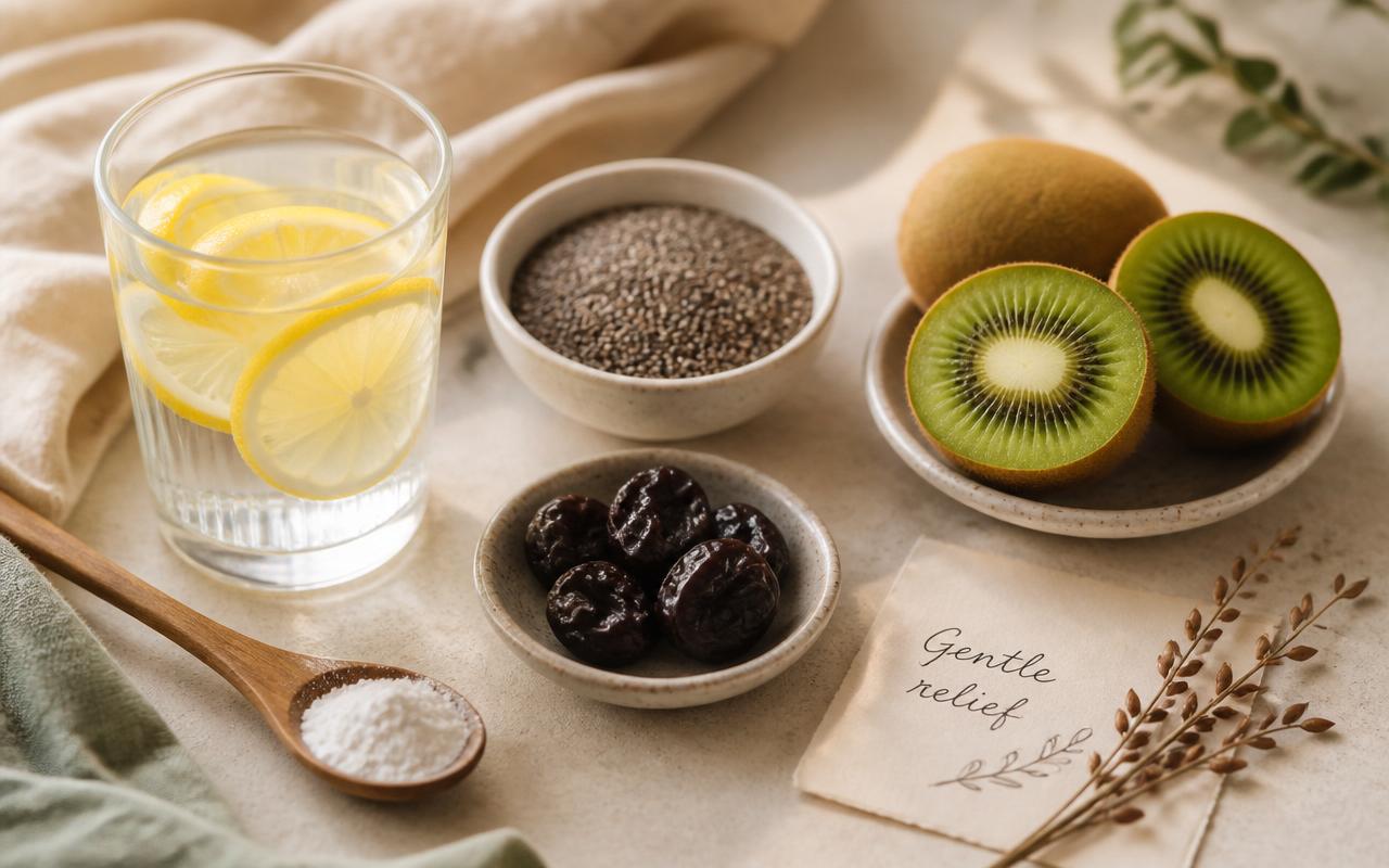 Soft cream flat lay with a glass of lemon water, a bowl of chia seeds, halved kiwi, prunes, a wooden spoon of magnesium powder, and a 'Gentle relief' note card — a visual guide to easing Zepbound constipation naturally