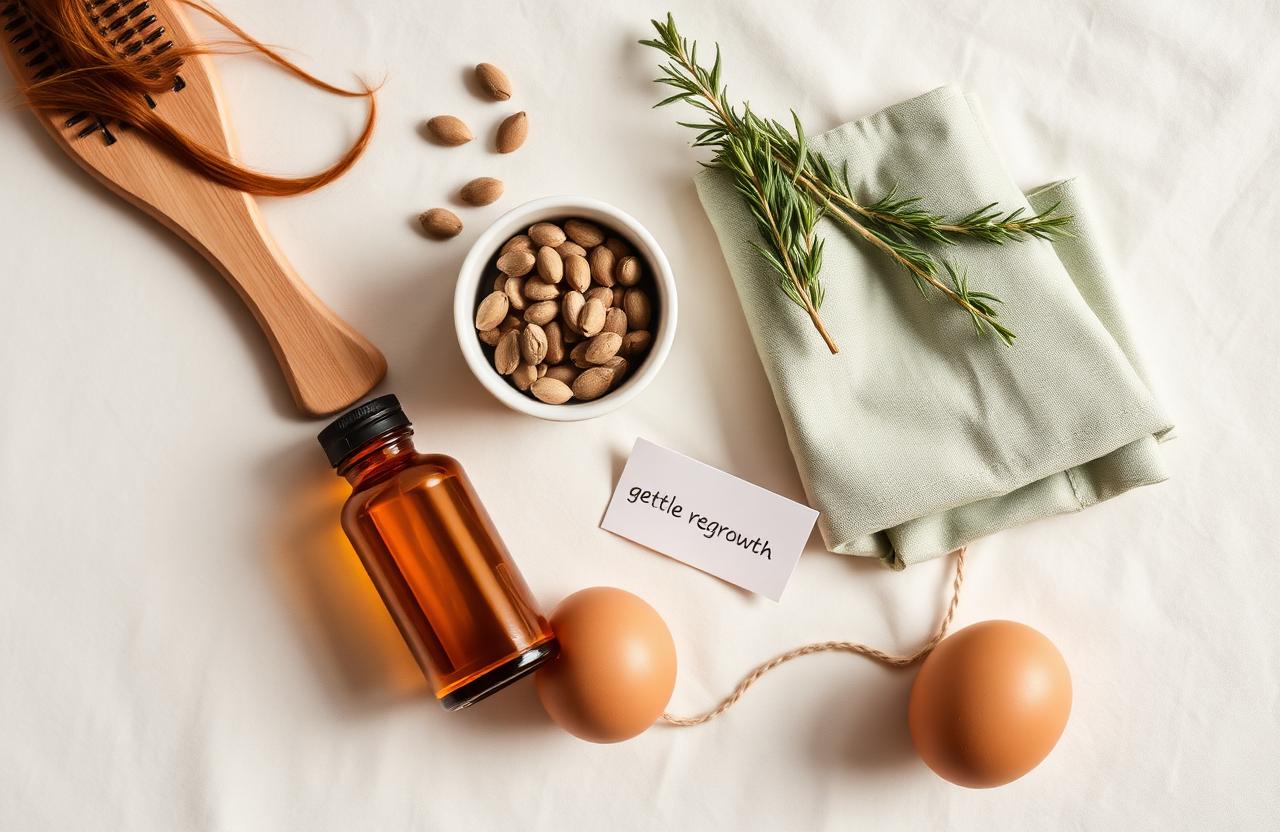 Warm wellness flat lay with a wooden hairbrush, biotin capsules, pumpkin seeds, brown eggs, rosemary, and a 'Gentle regrowth' note card — a visual guide to managing Zepbound hair loss