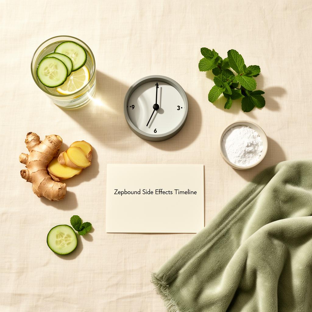 Calm wellness flat lay with a minimalist clock, cucumber-lemon water, fresh ginger, peppermint, and electrolyte powder on cream linen — a visual timeline for managing Zepbound side effects