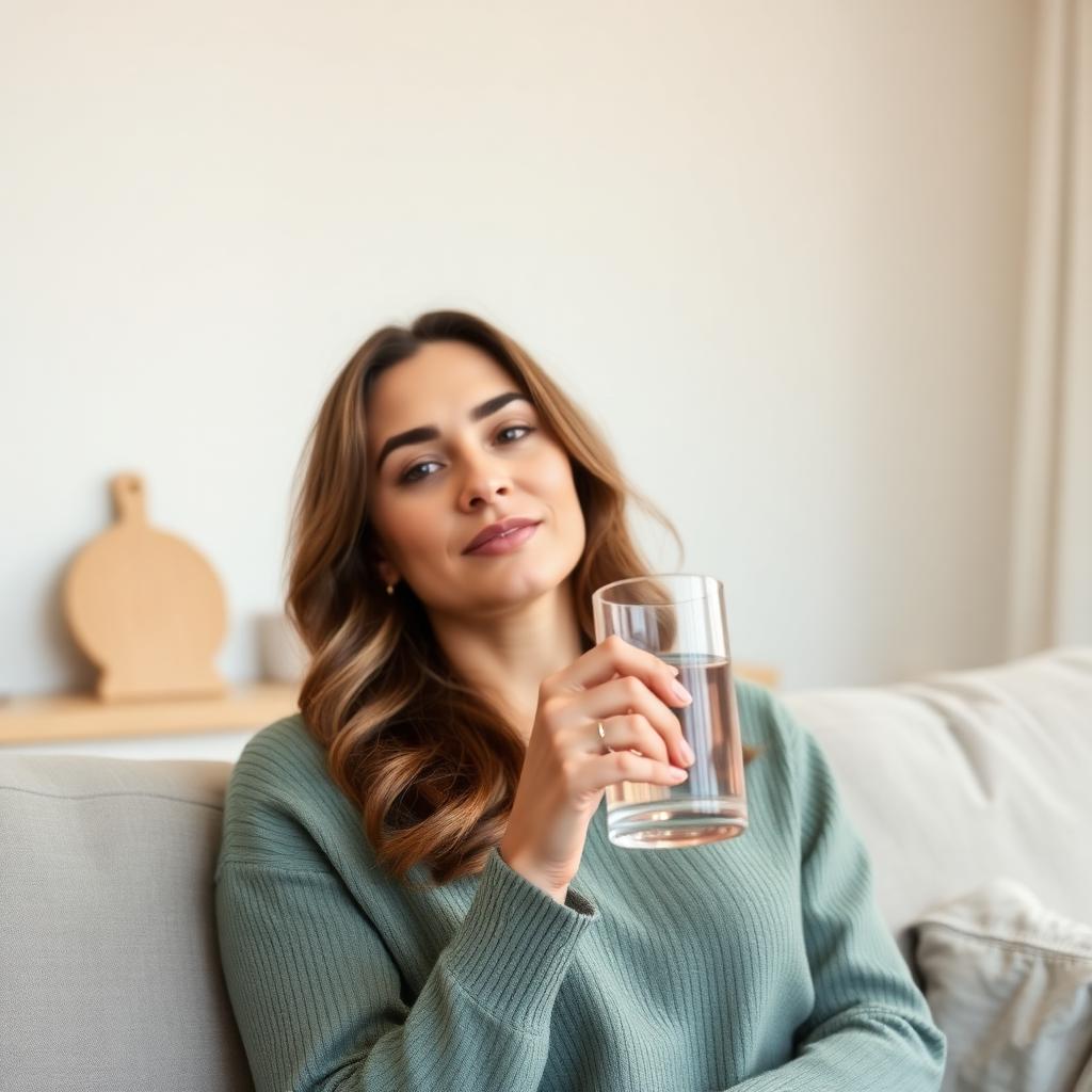Calm woman holding a glass of water at home in soft morning light — recovering comfortably from Zepbound side effects.