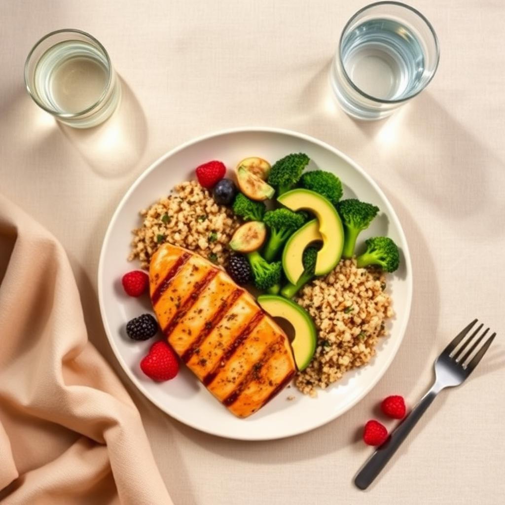 Overhead flat-lay of a Zepbound-friendly plate — grilled salmon, quinoa, broccoli, avocado, and berries with two glasses of water on soft linen.
