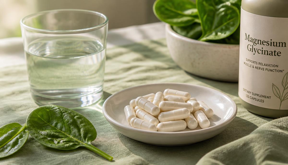 Magnesium glycinate capsules in a white dish beside a glass of water and spinach leaves